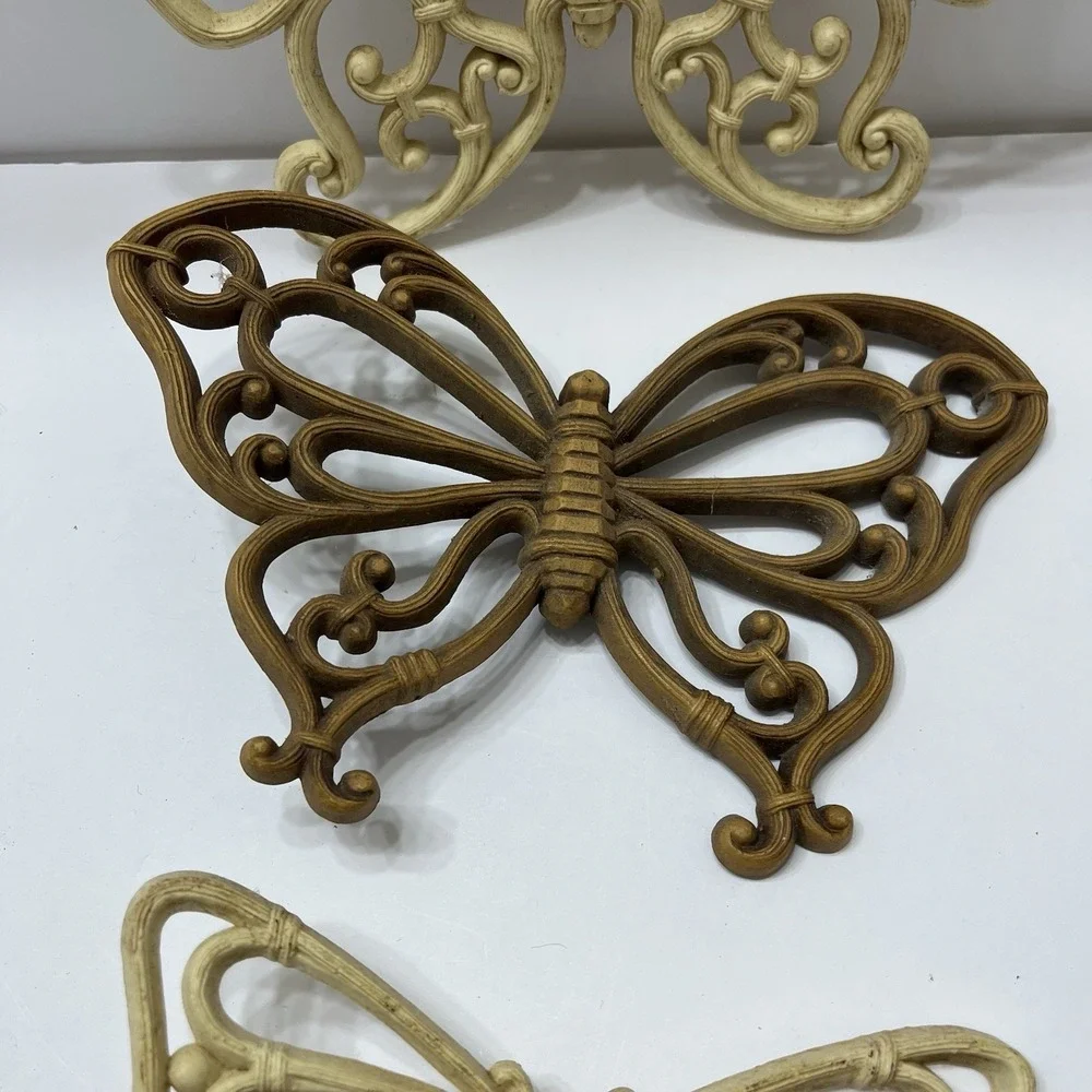 VTG Homco Butterflies Wall Decor Boho Faux Wood Rattan 1970s USA MCM - Set of 3